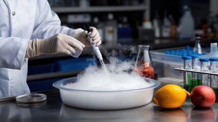 Fototapeta premium Scientist in White Coat Using Pipette with Dry Ice and Fruit in Lab
