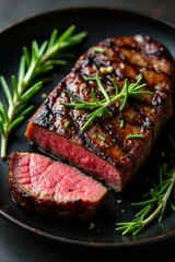Rosemary-garnished NY strip steak, cooked medium-rare, overhead shot , flavor, herb, grilled