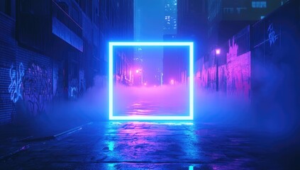 A glowing blue neon square frame in the center of an empty, dark street with fog and graffiti, creating a mysterious atmosphere. The background features tall buildings and city lights in silhouette.