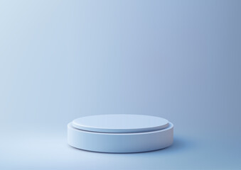 minimalist light blue 3d round tiered platform on matching blue background, modern product display mockup