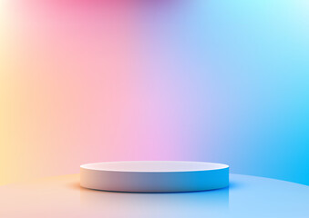 modern 3d white round platform on reflective surface with vibrant pastel gradient backgroun