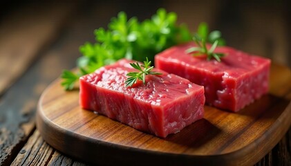 Two succulent Wagyu rib eyes, fresh herbs, wooden board, raw, foodie, closeup