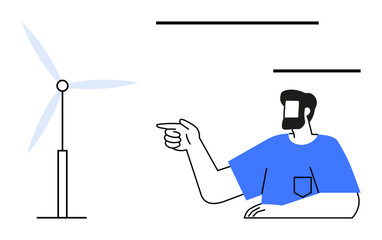 Man pointing at a wind turbine, showcasing a blend of human interaction and clean energy. Ideal for sustainability, renewable energy, technology, innovation, environmental awareness, future trends