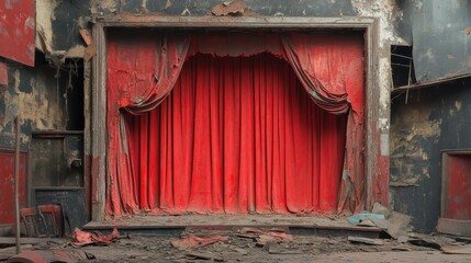 Red velvet stage curtain in a derelict theater. Depicts decay, loss, and the passage of time, ideal for themes of abandonment or nostalgia.