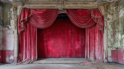 Aged red velvet stage curtains in derelict theater. Perfect for projects on decay, nostalgia, or abandoned places.