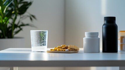 Obesity drug placed on a clean desk next to a healthy snack and a water bottle. Featuring nutrition and wellness