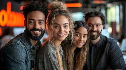 Fototapeta premium Diverse Group of Young Adult Friends Smiling Together in a Cafe
