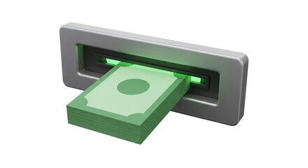 Obraz premium ATM Cash Withdrawal icon, Green currency stack dispensing from ATM slot 3D icon