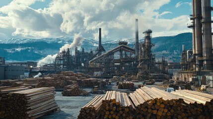 Lumber and wooden piles in front of a large industrial complex