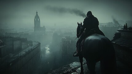 Naklejka premium Darkened City, Rider on Ruins, Misty View