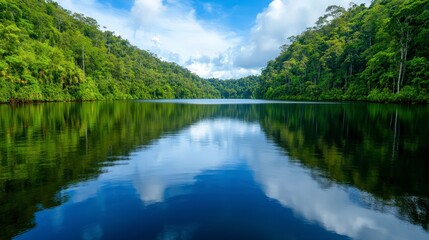 Obraz premium Serene Reflection of Lush Forest in Tranquil Lake Landscape