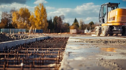 Foundation pouring process with concrete mixers and clean lines digital