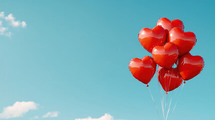 Red heart shaped balloons against blue sky. Valentine's Day celebration