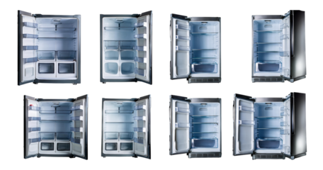 Empty Refrigerators with Open Doors Showing Interior Design Options, isolated on transparent background