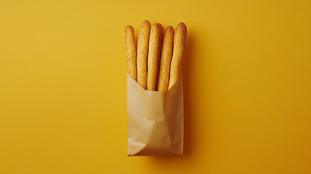 A minimalist setup of fresh breadsticks styled in a small brown paper bag. pic