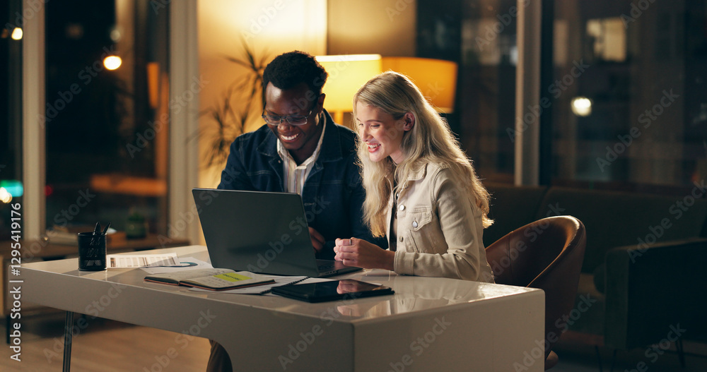 Poster laptop, teamwork and business people at night for strategy, brainstorming or planning on website. ad