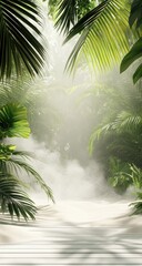 A misty tropical oasis with palm leaves and sand, providing an exotic backdrop for product display. The scene includes a white wooden floor in the foreground