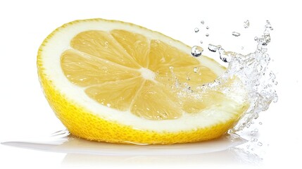 Refreshing lemon slice with water splash on white background for cooking or beverage illustration