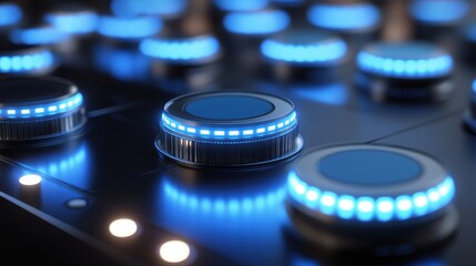 Close-up of illuminated, metallic stove knobs. Perfect for technology, modern kitchen, or control concepts.