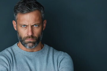 Fototapeta premium Bearded man with gray hair in sweater against dark background. Mature masculinity concept
