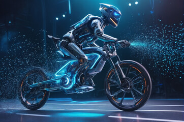 Obraz premium A holographic The robot is actively pedaling the bike, made up of many particles. Generative AI.