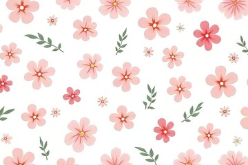 Delicate Pink Floral Pattern with Leaves on White Background