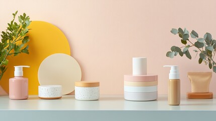 A clean setup of reusable product jars styled on a pastel countertop. pic