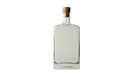 Empty gin or vodka bottle with wooden cork on transparent background