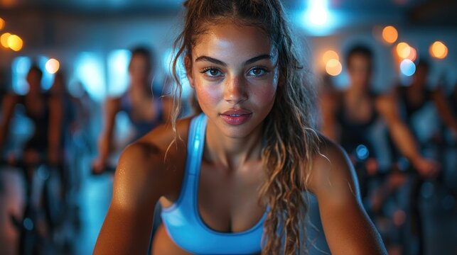 Woman cycling in spin class at gym with blurred background
