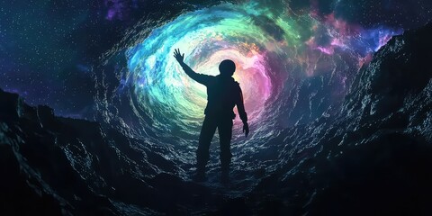 Space explorer silhouette reaching toward an interdimensional aurora vortex.