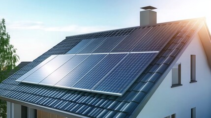 Obraz premium Installation of solar panels on a modern house roof in a sunny environment for renewable energy generation