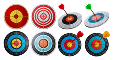 Diverse Archery Targets with Arrows in Red and Green Colors, isolated on transparent background