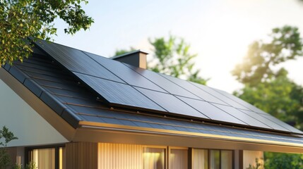 Fototapeta premium Solar panels installed on a modern house roof in a sunny outdoor setting near trees during the daytime