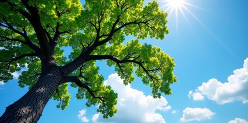 Fototapeta premium Majestic oak branches reaching for a cloudless azure sky, oak, design, vista