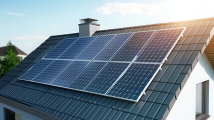 Obraz premium Solar panels installed on a modern house roof in a sunny neighborhood providing renewable energy