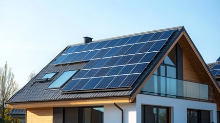 Fototapeta premium Modern home equipped with solar panels reflecting eco-friendly living and energy efficiency in bright daylight