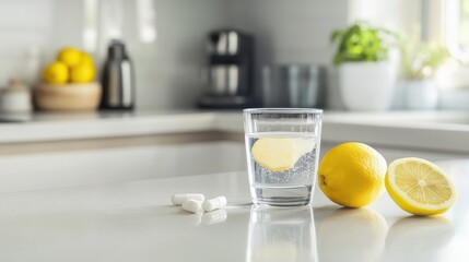 Obesity drug placed on a kitchen counter beside a glass of lemon water. Featuring health and nutrition
