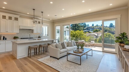 Open-plan modern kitchen and living area with patio views