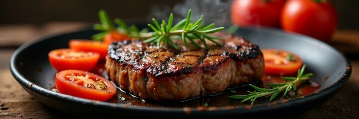 Sizzling steak, sliced tomatoes, rosemary garnish, rustic setting , bbq, delicious, high-resolution