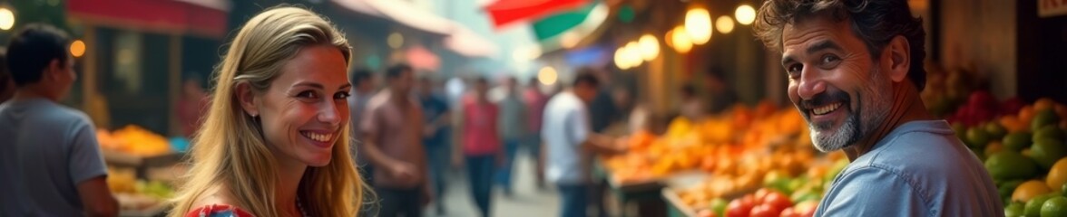 Smiling faces, colorful food stalls, bustling market atmosphere, ingredients, crowd, photography
