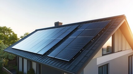 Obraz premium Solar panels installed on a modern house roof during sunset enhancing energy efficiency