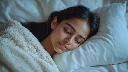 Obraz premium Serene Young Woman with Olive Skin and Long Dark Hair Sleeping Peacefully in Cozy Bed Surrounded by Soft Pillows and Plush Blankets in Natural Light Setting