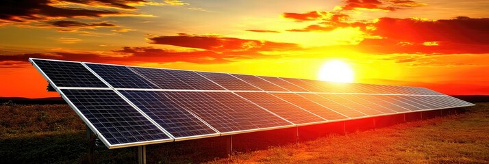 A photovoltaic solar panel with the sun setting in the background. The panels, neatly arranged on top of each other, capture sunlight and generate electricity for sustainable energy