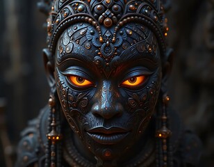 Intricate Obsidian Goddess: Glowing Eyes, Ornate Tribal Mask