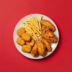 french fries, nuggets and fried chicken wings, top view, delicious and tempting, fried food advertising concept, red empty background