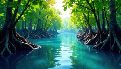 Coastal wetland with graduated blue tones, mangrove roots, roots, image, environment