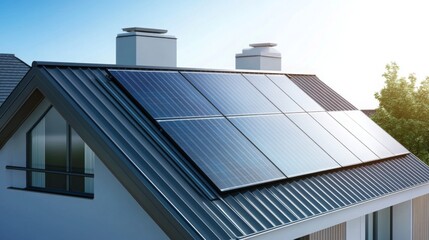 Obraz premium Modern solar panels installed on a contemporary house roof for sustainable energy generation
