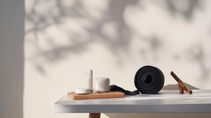 Obesity drug placed on a side table with a workout band and yoga block. Featuring fitness and health