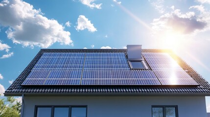 Fototapeta premium Solar panels installed on a residential roof under a bright blue sky with scattered clouds in the afternoon