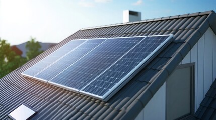 Solar panels installed on a modern rooftop in a residential area during bright daylight hours